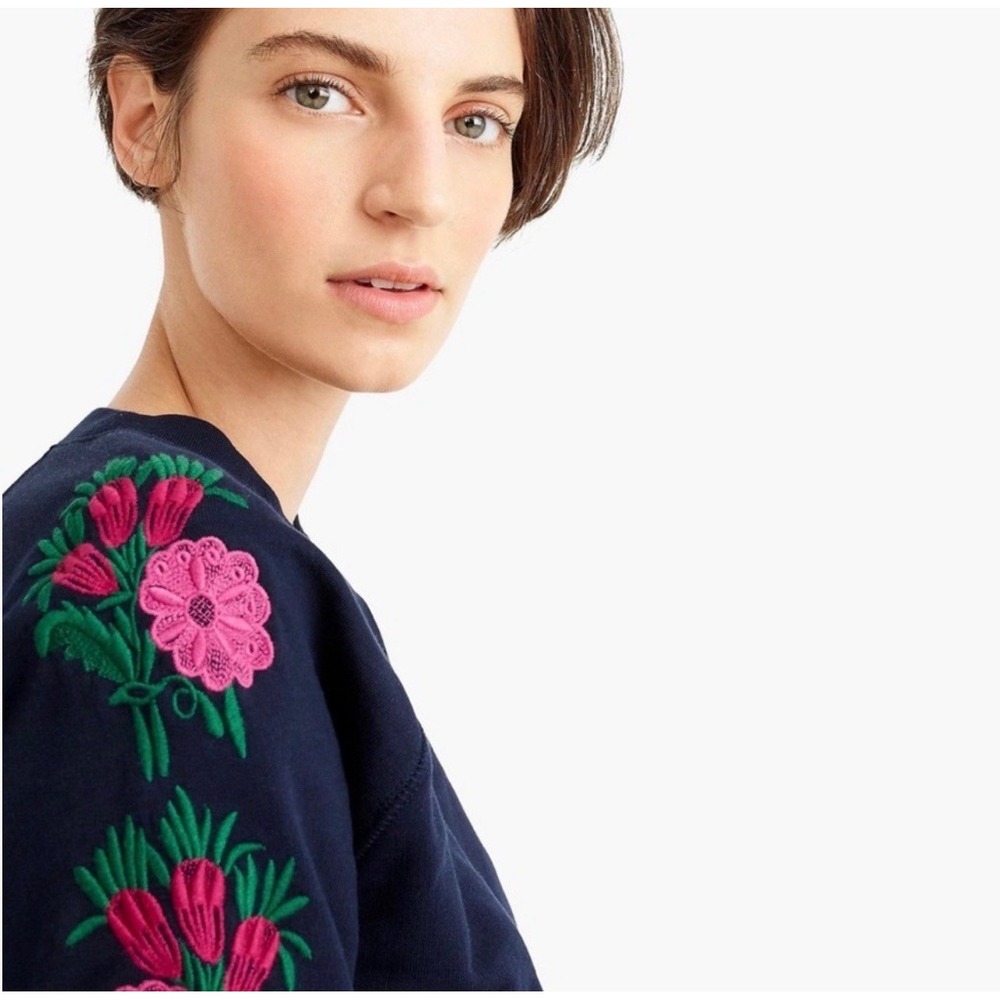 J.Crew Embroidered Floral Sweatshirt Navy Pink Flowers Women's Size S Cotton - Picture 4 of 10